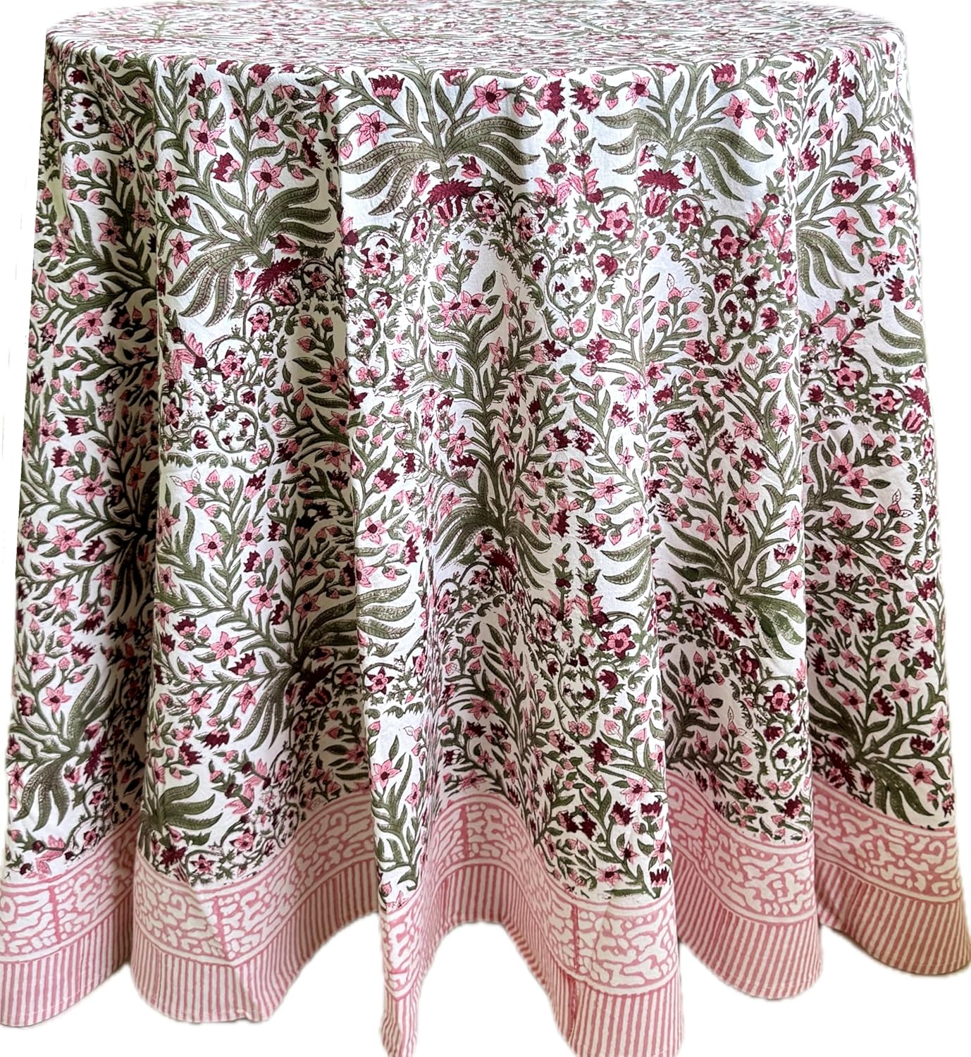 ATOSII Nargis Pink 100% Cotton Round Block Print Summer Tablecloth, Floral Table Cloth Linen for Dining Parties Weddings Outdoors Holidays I 72" Inches Round, 4 Seater