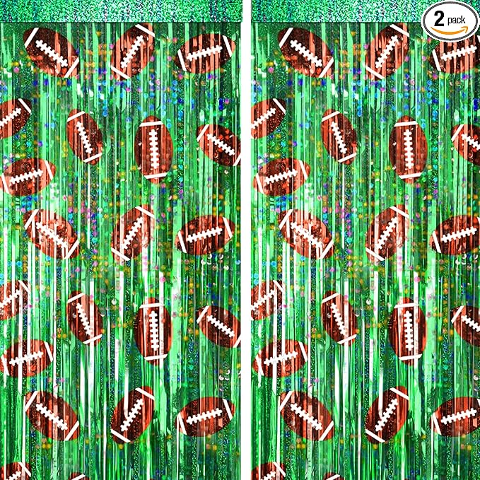 2 Packs Football Foil Fringe Curtain, Green Glitter Metallic Tinsel Backdrop for Birthday, Baby Shower, Super Bowl, Football Party Decorations Supplies