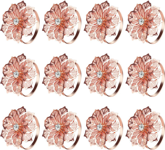 KPOSIYA Flower Napkin Rings Holder Metal Rose Gold Napkin Rings Set of 6 for Wedding Party Holiday Banquet Christmas Dinner Delicate Serviette Buckles Decor Favor (6, Rose Gold)