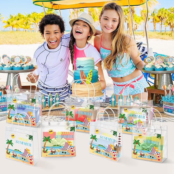 H1vojoxo Hello Summer Gift Bags - 24PCS Sunny Beach Clear Gift Bags with Handles 7.87 x 3.2 x 7.87 Inch Reusable PVC Plastic Transparent Waterproof Tote Bag for Summer Party Birthday Party Supplies