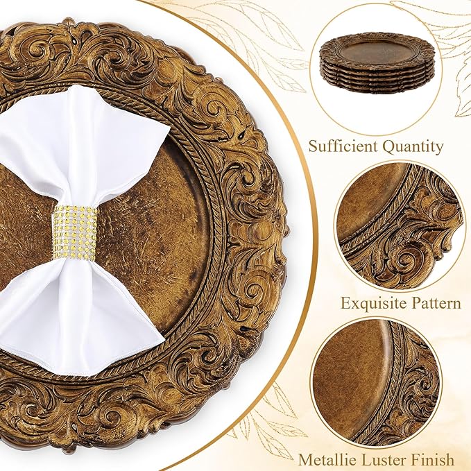 30 Pcs Antique Gold Charger Plates Bulk 13 Inch Embossed Rim Plastic Round Decorative Vintage Plates Charger for Dinner Wedding Party Event Table Setting Decoration (Classic)