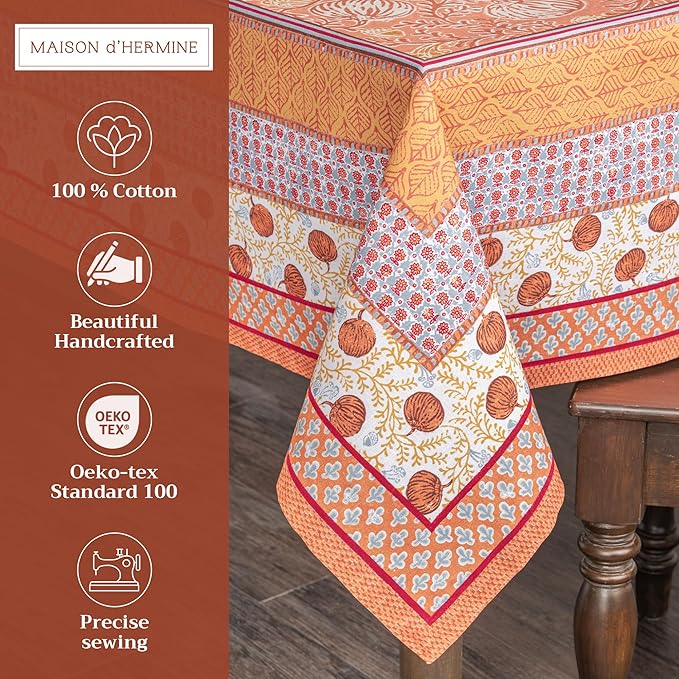 Maison d' Hermine Table Cloth Rectangle Table 100% Cotton 60 x 108 Inches Fall Tablecloth Reusable Everyday Use for Thanksgiving Christmas Decorations Dining Farmhouse Party (Harvest Festival)