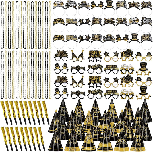 240 Pcs 2026 New Years Eve Party Favor Supplies for 48 Pcs Guest Happy New Year Glasses Paper Headband Cone Hat Fringed Noisemaker Black Gold Bead Necklace for Newyear Christmas Party Decor