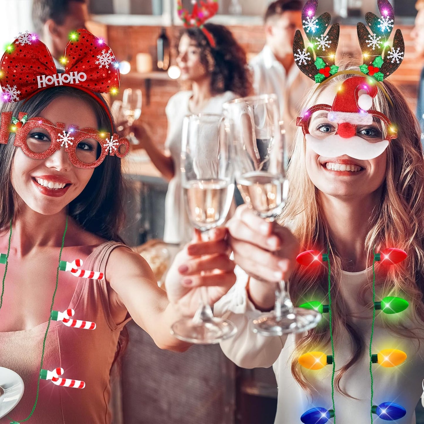 24 PCS Christmas Party Favors, Light Up Candy Cane Snowflake Tree Bulb Necklace LED Headwear Glow Eyeglasses Set for Bulk Xmas Gifts, Christmas Ugly Sweater Party Supplies, Christmas Accessories