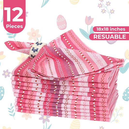 Homidate Cotton Cloth Dinner Napkins Set of 12 – 18x18 Pink Multi Salsa Stripe – Reusable Machine Washable Fabric Napkins for Weddings, Parties, Kitchen & Everyday Dining