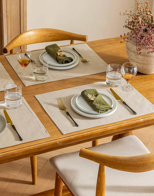 Linen Table Placemats Set of 6 Beige Modern Farmhouse Cloth Dining Table Mats Machine Washable Non Slip Heat Resistant Plate Mats 12x18 Inch