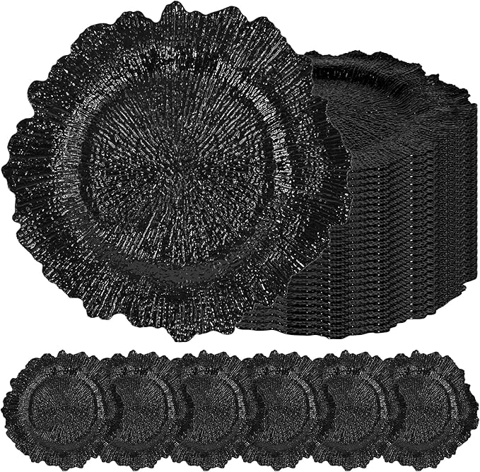 24 Pcs Black Charger Plates Bulk 13 Inch Plastic Charger Plates for Dinner Plate, Black Chargers for Table Setting, Reef Design Plate Floral Decorative Round Chargers for Wedding Party, Event