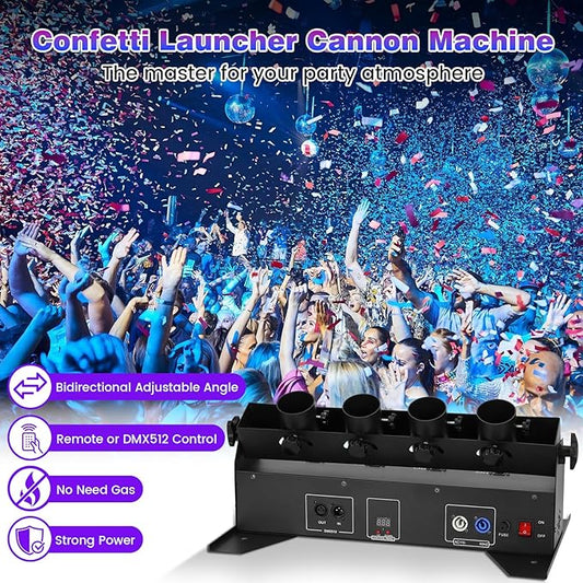 Professional Confetti Launcher Cannon Machine, 4-Shot Electric Confetti Machine with Remote/DMX Control & Adjustable Angle, Perfect Partner for Party, Wedding, DJ Nightclub, Stage, Christmas