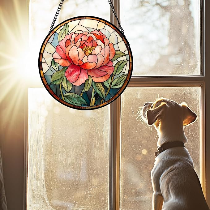 Stained Glass Window Hanging - Pink Peony Floral Suncatcher for Door Garden Yard Birth Flower Sun Catchers Decor Christmas Mother's Day Birthday Gifts for Women Mom Nana Wife Teacher 7.8 in