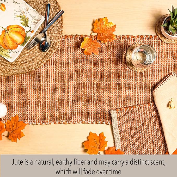 Chardin home Natural Jute Table Runner 13x36 Inch – Vintage Boho Rustic Table Decor – Handwoven Table Runner in Natural Jute and Rust Orange – Farmhouse Thanksgiving tablerunner