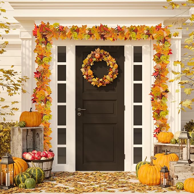 Sggvecsy 3 Pack Fall Maple Leaf Garland 5.7Ft/Piece Artificial Autumn Maple Leaves Hanging Foliage for Indoor Outdoor Home Wedding Thanksgiving Party Fireplace Decor