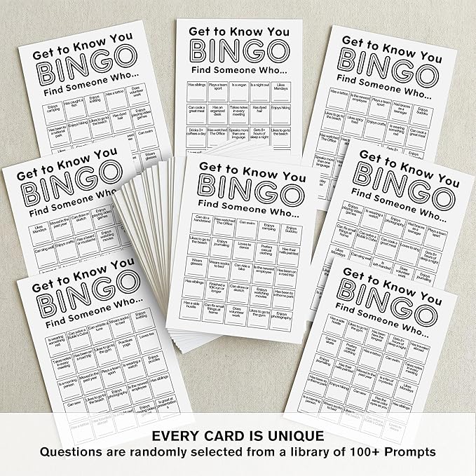 Sahjzk Office Bingo Cards, 25 Unique Randomized 5x7 Sheets, Get to Know You Bingo Game for Adults, Ice Breaker Office Party Games, Team Building Games for Work, High Replay Value - A01