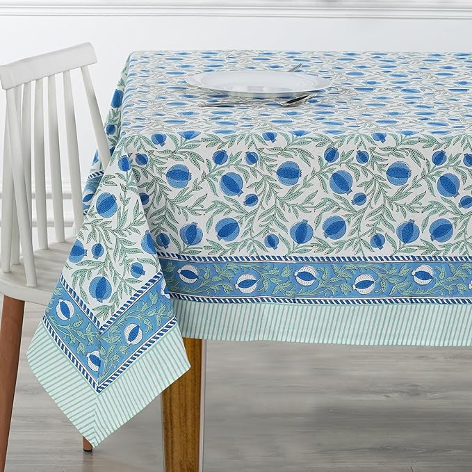 Ridhi Hand Block Print Queen Blue Rectangle Cotton Tablecloth 120" x 80" Reusable Table Cover Decorative Everyday Use for Dining, Farmhouse, Home Gift for Spring, Easter, Valentine