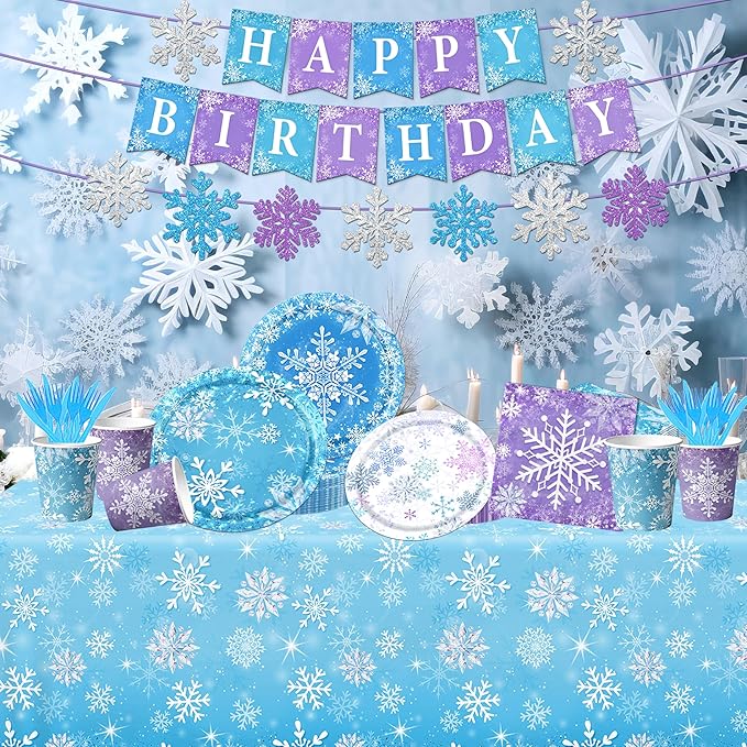 143pcs Birthday Party Decoration Snowflake Themed Tableware Winter Birthday Baby Shower Christmas Party Favors for Kids Including Plates,Napkins,Tablecloth,Banner,Cups