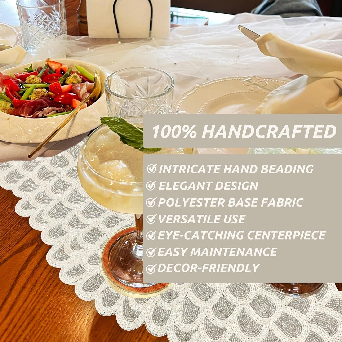 Beaded Table Runners 36 Inches, Hand Beaded Decorative Farmhouse Glitz Table Runner for Christmas Wedding Baby Shower Bridal Shower, Seasonal Winter Holiday Kitchen Dining Table Silver - CLEENTABLE
