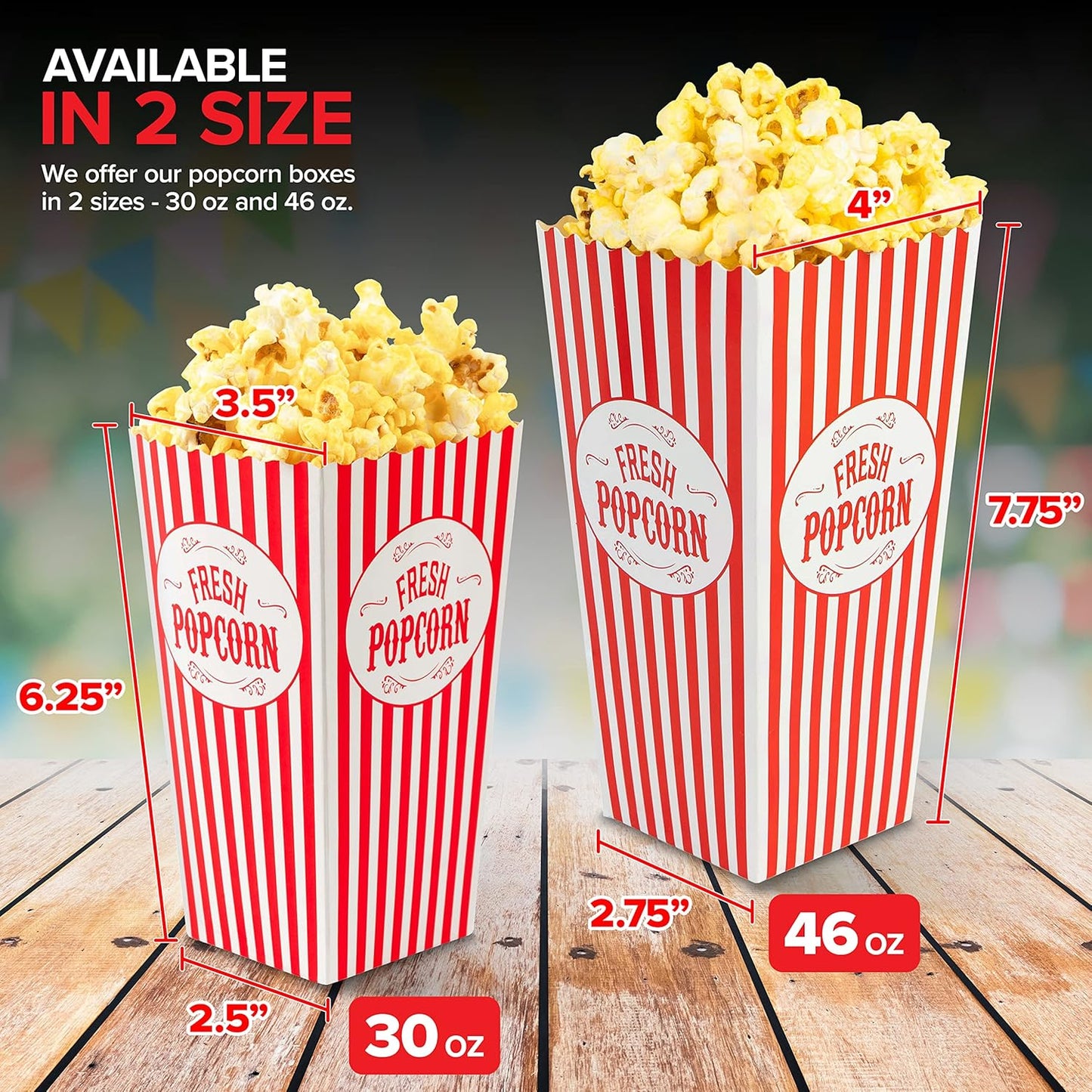 [50 Pack] Movie Theater Popcorn Boxes Disposable Red & White Striped - 30 oz Capacity - Vintage Snack Box Concession and Carnival Party Supplies, Individual Popcorn Bucket Containers