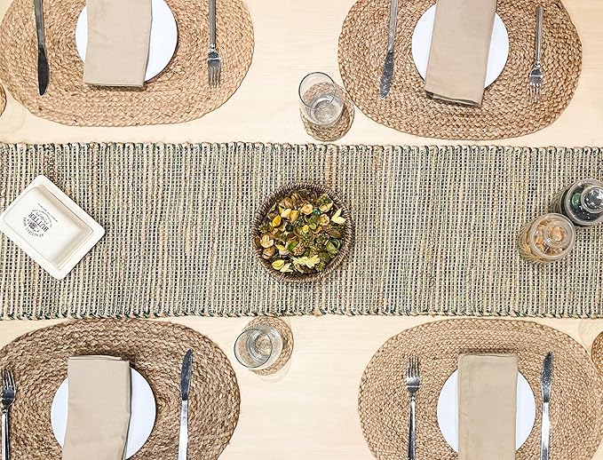 Chardin Home Natural Jute Table Runner 13x72 Inch – Vintage Boho Rustic Table Decor – Handwoven Table Runner in Natural Jute and Green – Farmhouse Dining or Console Table Accent