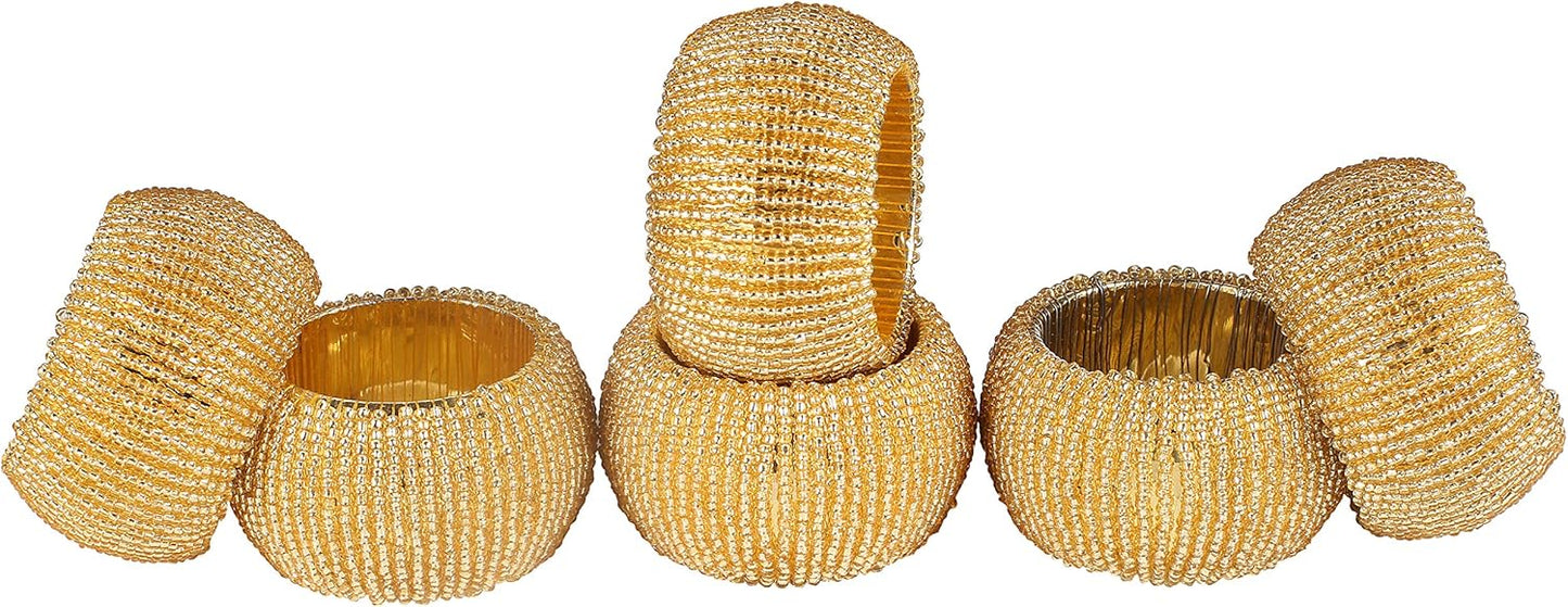 Handmade Beaded Napkin Rings Set of 6 - Gold Napkin Holders, 2.5-Inch Elegant Table Décor, Handcrafted by Skilled Artisans - Perfect for Weddings, Parties & Everyday Dining