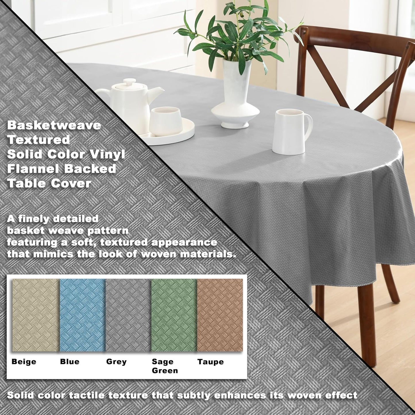 Newbridge Basketweave Vinyl Flannel Backed Tablecloth, 60 x 84 Inch Oval, Grey, Basket Weave Textured Indoor Outdoor Waterproof Table Cover for Patio, Kitchen, Dining
