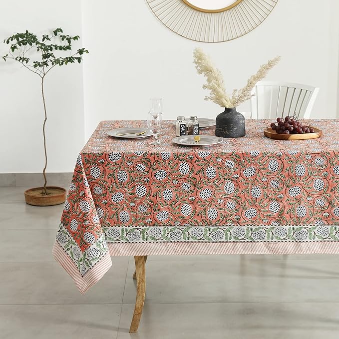 Labhanshi Indian Block Print Pre-Washed Cotton Floral 72x108 Inch Rectangle 8-Seater Table Cloth|Kitchen Dining Table Top Cover|Boho French Country Style Spring Easter Decor|Dark Salmon Pink