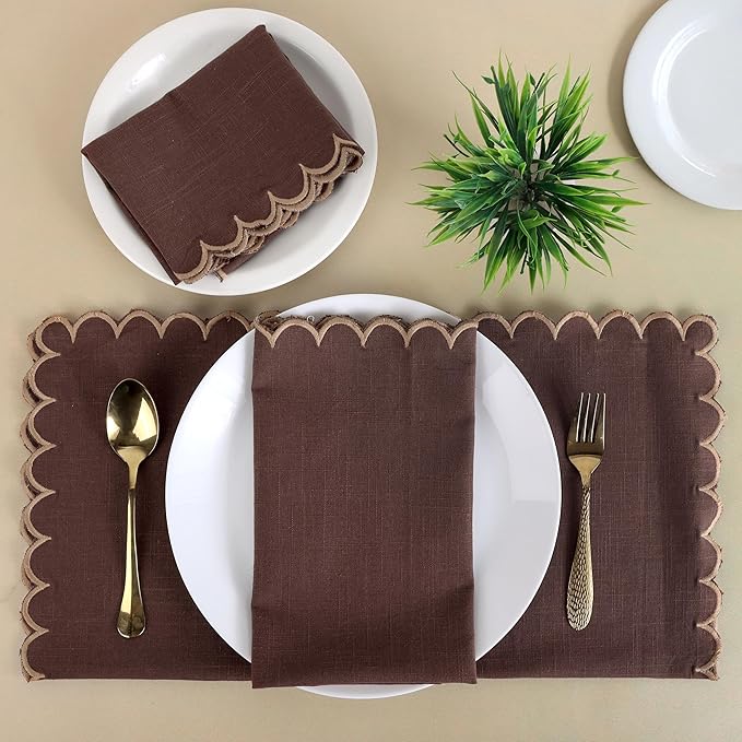 FINGERCRAFT Cloth Napkins, Everyday Use Scallop Design, Premium Quality Natural Cotton Napkin Set of 6 Perfect for Parties Dinners Weddings Easter Napkin Cloth 20x20 inch Chocolate/Brown