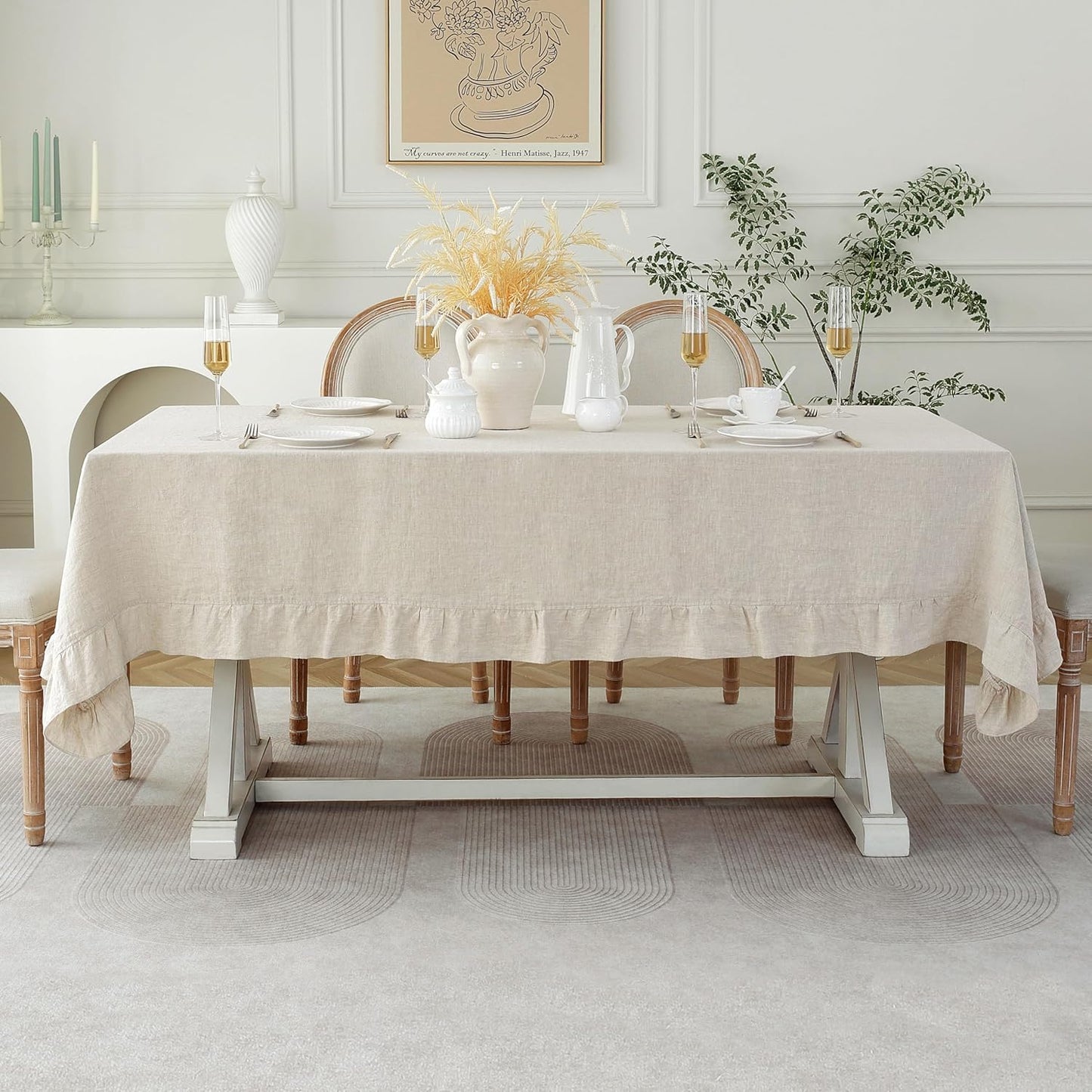 Linen World Ruffle Linen Tablecloth,100% French Linen Natural Tablecloth 90" x 60" Inch,Washable Rectangular Tablecloth for Dining,Outdoor,Weddings and Restaurants,Decorative Thanksgiving Christmas