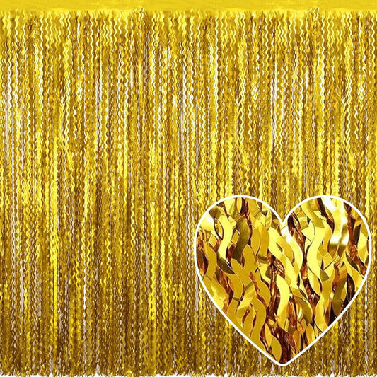 4 Pack Gold Fringe Curtain Backdrop 3.2Ft x 8.2Ft Metallic Tinsel Foil Fringe Streamers Background for Photo Booth Mother's Day, Easter, Carnival, Birthday, Wedding Party Decoration