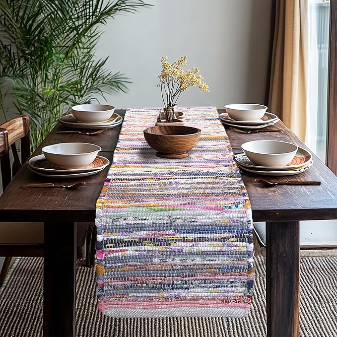 COTTON CRAFT Woven Chindi Table Runner - Handwoven Recycled Cotton Yarn Reversible Tablerunner - Boho Rustic Farmhouse - Everyday Spring Summer Kitchen Dining Table Runner - 13x72 inches - Multicolor