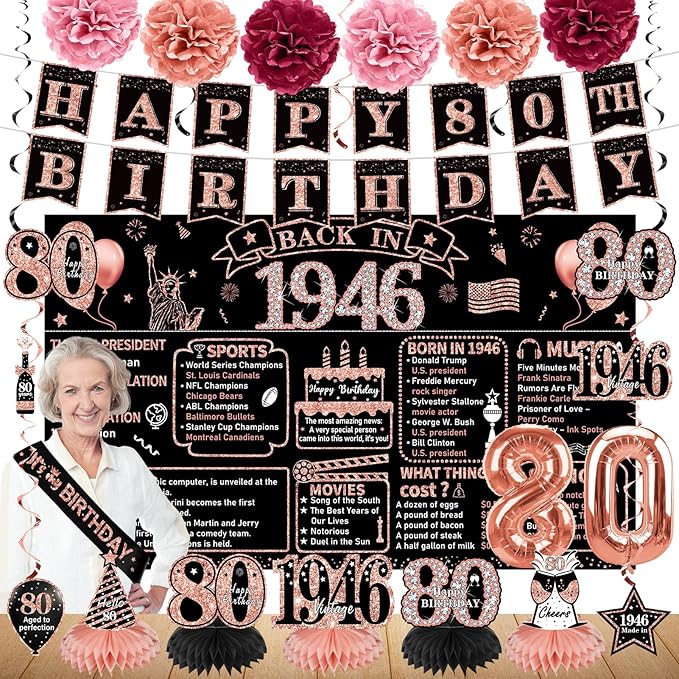 Zirtorei 80th Birthday Decorations for Women, 21pcs the Year 1946 Banner Balloon Party Supplies, Rose Gold 80 Year Old Birthday Backdrop, 80 Bday Honeycomb Centerpiece Hanging Swirls Sash Gifts