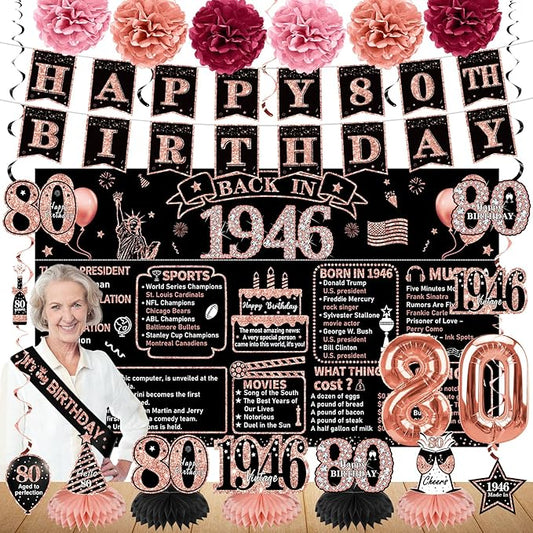 Zirtorei 80th Birthday Decorations for Women, 21pcs the Year 1946 Banner Balloon Party Supplies, Rose Gold 80 Year Old Birthday Backdrop, 80 Bday Honeycomb Centerpiece Hanging Swirls Sash Gifts