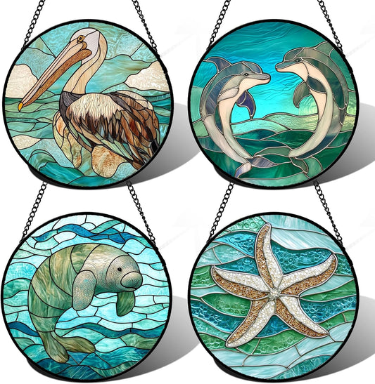 Stained Glass Window Hanging 4 Pcs Set Cyan Ocean Life Theme Large 11.8" - Sea Starfish Suncatcher Door Garden Sun Catcher Decor Birthday for Mom Woman Nana Men Friend