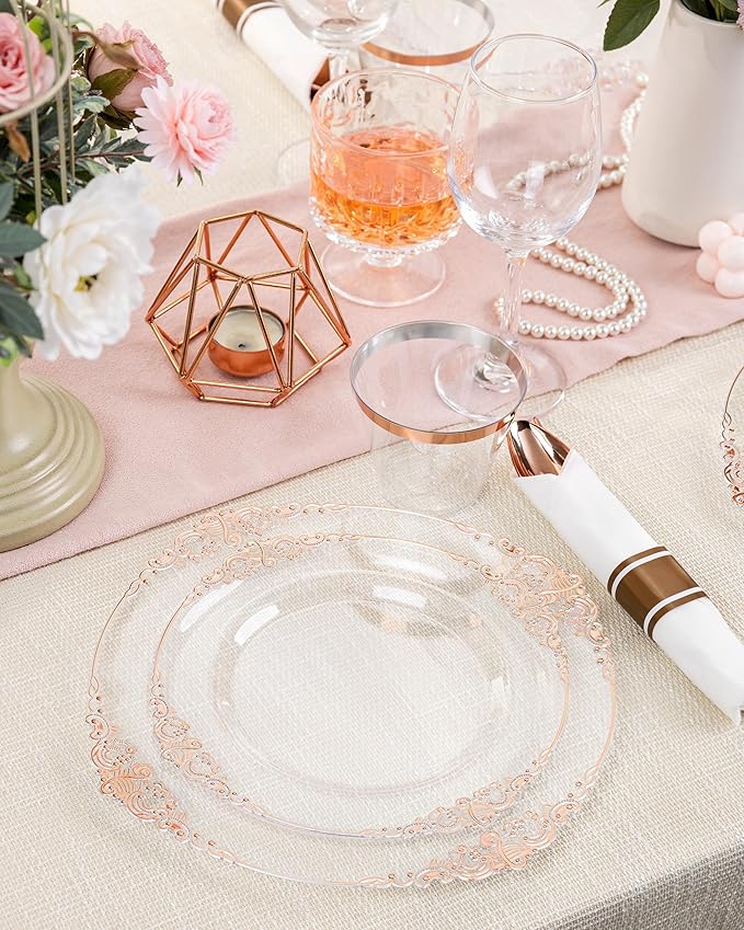Nervure 175PCS Rose Gold Plastic Plates - Disposable Rose Gold Party Plates & Pre Rolled Napkins with Cutlery for 25 Guests, 50Plates, 75Silverware, 25Cups, 25Napkin for Wedding & Party & Easter
