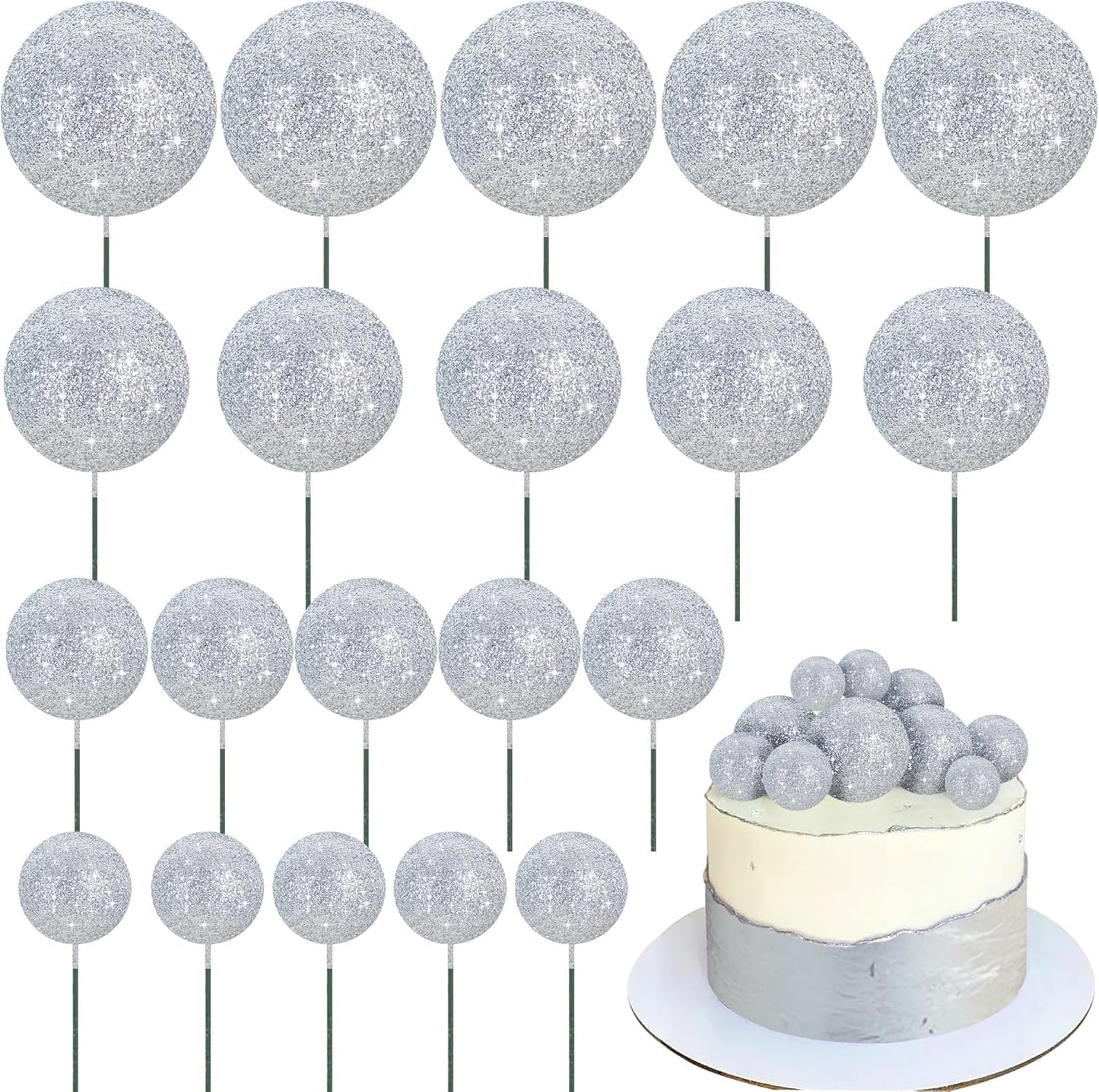 BEISHIDA 20 PCS Silver Glitter Bling Mini Ball Cake Toppers Foam Cake Balls Decoration Supplies for Happy Birthday Anniversary Wedding Baby Shower Graduation Christmas Cake Decorations