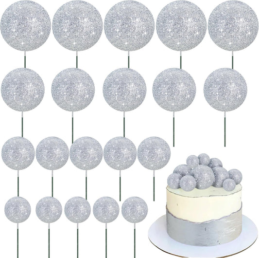 BEISHIDA 20 PCS Silver Glitter Bling Mini Ball Cake Toppers Foam Cake Balls Decoration Supplies for Happy Birthday Anniversary Wedding Baby Shower Graduation Christmas Cake Decorations