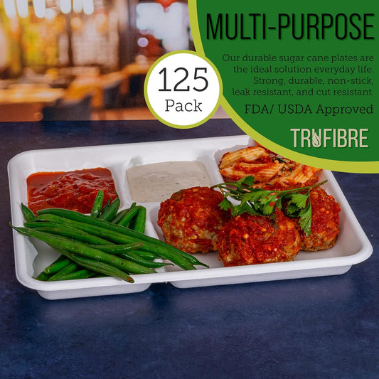 10.35x8.35 125 Pack 5 Compartment Plates, 100% Natural Disposable Biodegradable Plates, Lunch Trays for Cafeteria, Food, Meals, Dinner, Bulk