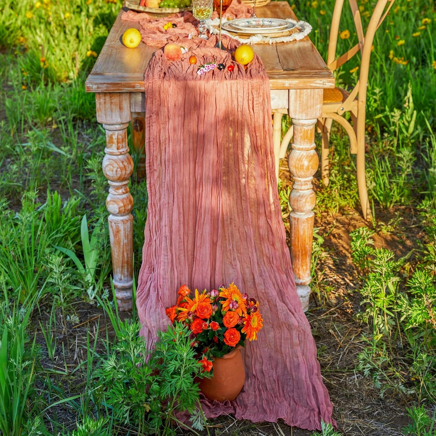 DOLOPL Dusty Rose Cheesecloth Table Runner 13.3ft Boho Gauze Cheese Cloth Table Runner Rustic Sheer Runner 160inch Long for Wedding Bridal Baby Shower Birthday Party Cake Table Decorations
