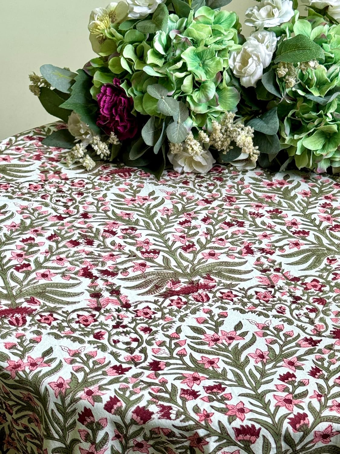 ATOSII Nargis Pink 100% Cotton Round Block Print Summer Tablecloth, Floral Table Cloth Linen for Dining Parties Weddings Outdoors Holidays I 60" Inches Round, 4 Seater I Grandmillennial Farmhouse Boho