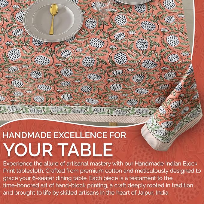 Labhanshi Indian Handblock Print Pre-Washed Cotton Floral 60x90 Inch Rectangle 6-Seater Tablecloth|Rustic Farmhouse Decorative Party Event Wedding Spring Easter Festive Holiday Decor|Dark Salmon Pink