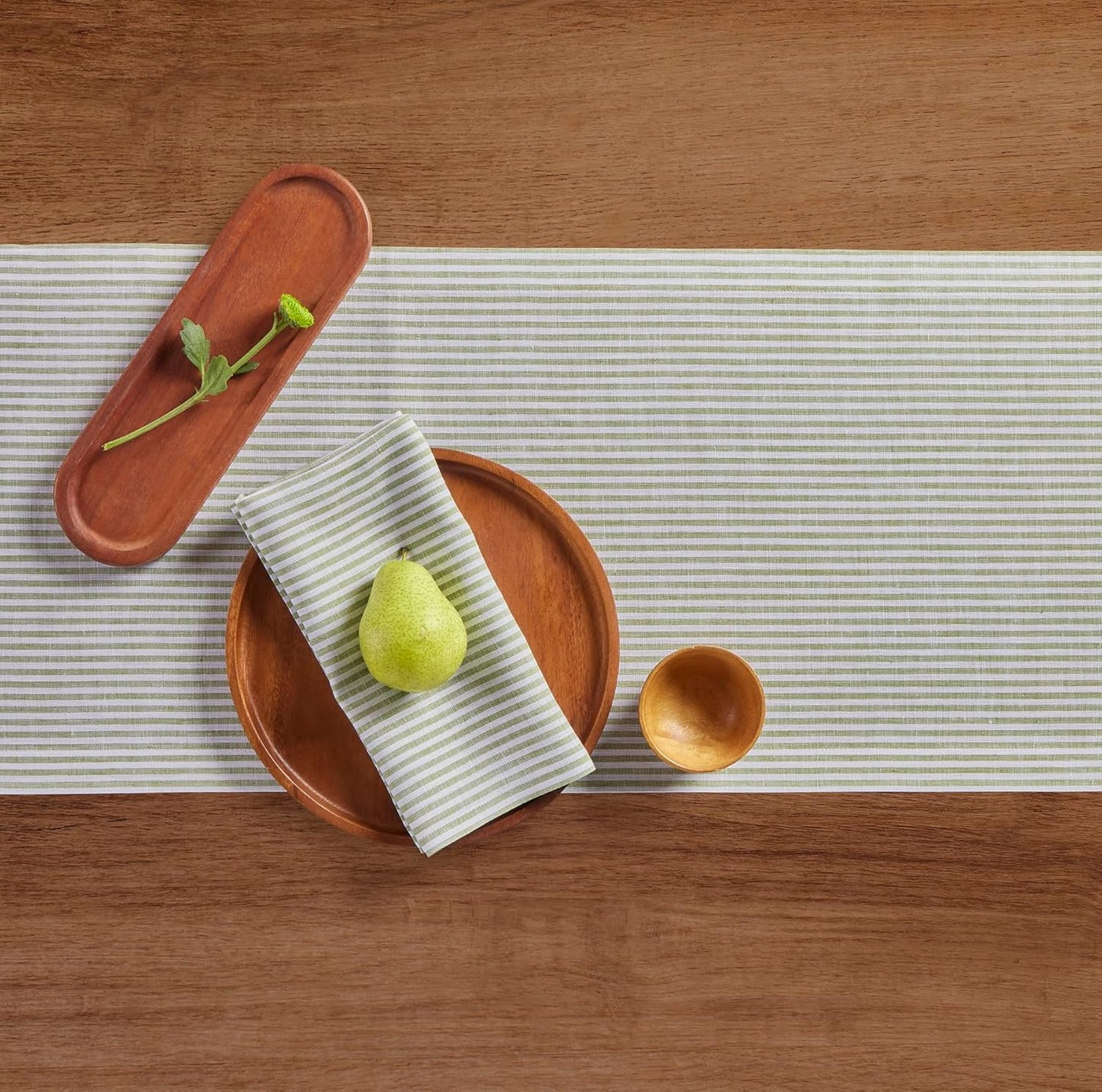 Solino Home Linen Table Runner 120 Inches Long - Narrow Stripe, 100% Pure Linen Avocado and White Table Runner 14 x 120 Inch for Dining, Fall, Autumn, Thanksgiving, Christmas