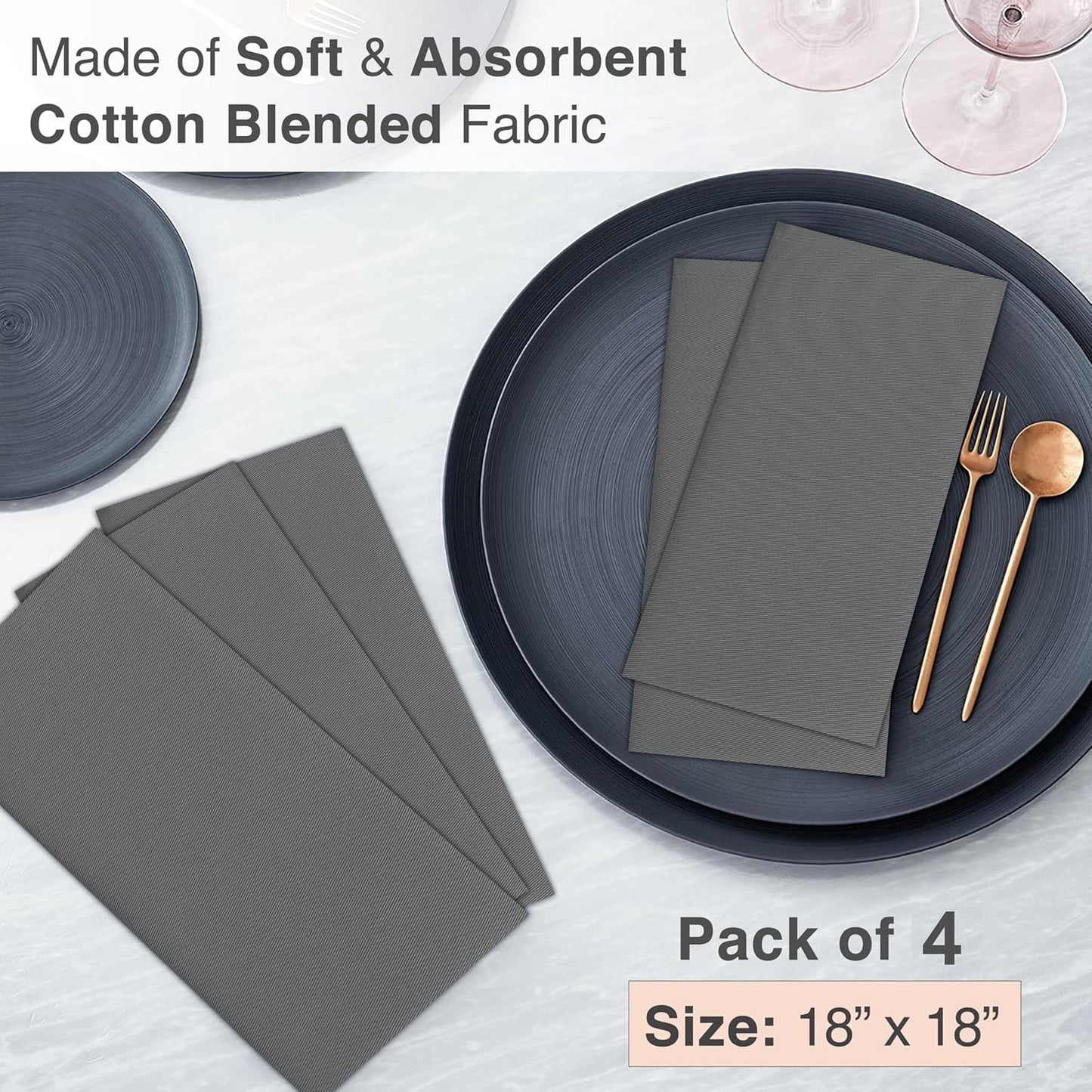Ruvanti Cloth Napkins Set of 4, 18x18 Inches Napkins Cloth Washable, Soft, Durable, Absorbent, Cotton Blend. Table Dinner Napkins Cloth for Hotel, Lunch, Restaurant, Wedding Parties - Charcoal Grey