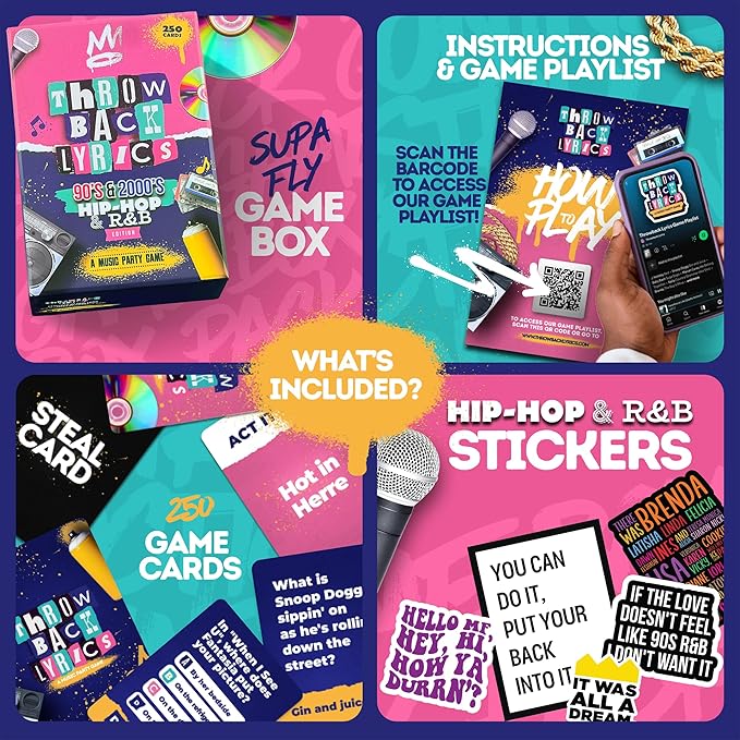 Throwback Lyrics 90s & 2000s Hip-Hop & R&B Finish The Lyrics Game & Charades | 250 Cards Includes Stickers & Playlist | Adult Party Game for Hilarious Paries, Birthdays, Date Night & Gifts