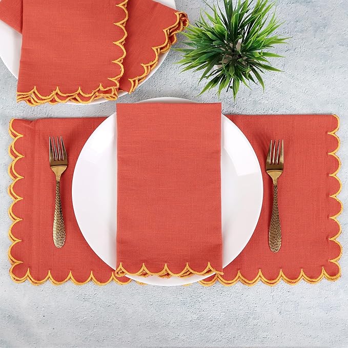 FINGERCRAFT Cloth Napkins, Everyday Use Scallop Design, Premium Quality Natural Cotton Napkin Set of 6 Perfect for Parties Dinners Weddings Easter Napkin Cloth 20x20 inch Rust/Gold