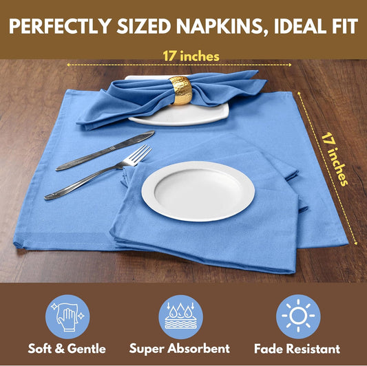 Native Fab Cloth Dinner Napkins, Set of 12, 17"x17", Soft, Absorbent, 100% Cotton, Restaurant Hotel Quality - Cocktail Napkins, Wedding, Dinner Napkins - Everyday Use, Easy Care Washable - Sky Blue