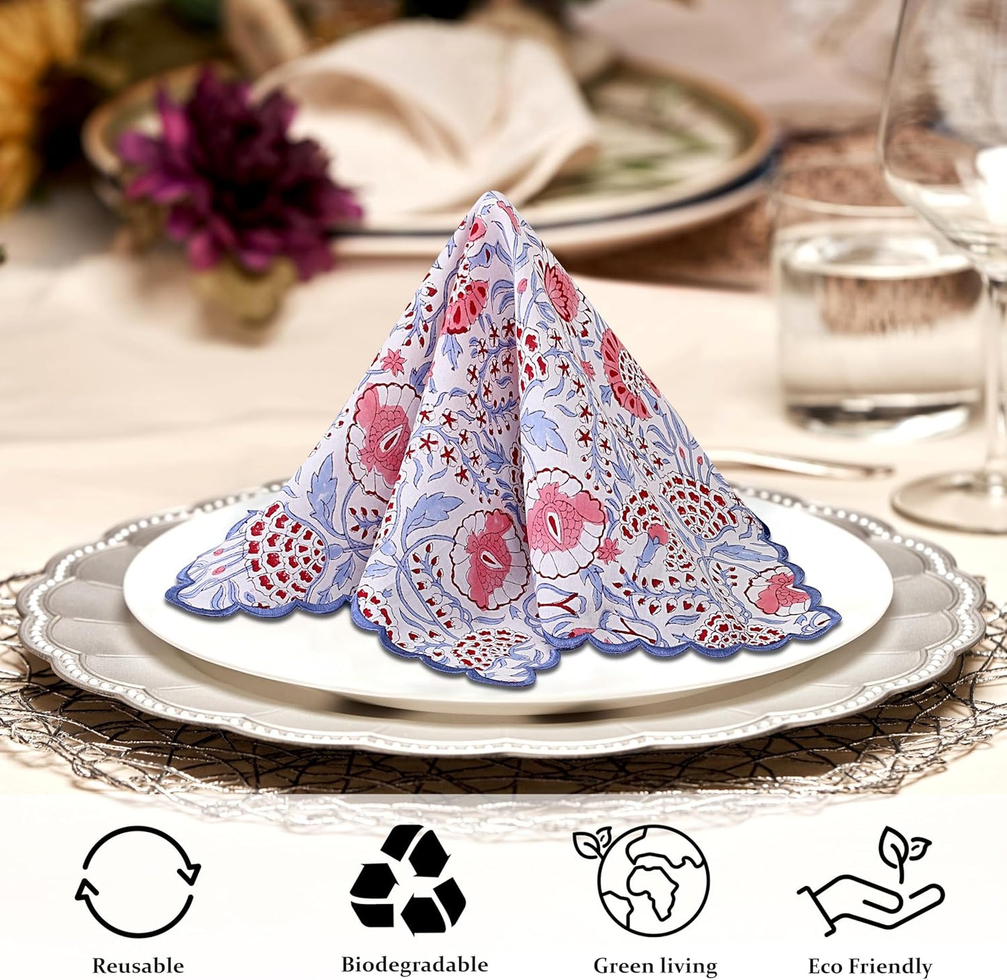 Ridhi Pigeon Blue with Blue EdgeHand Block Print Napkins 18" x 18" Set of 4 Reusable Cotton Dinner Napkins for Weddings, Parties & Everyday Dining, Thanksgiving, Christmas, Fall