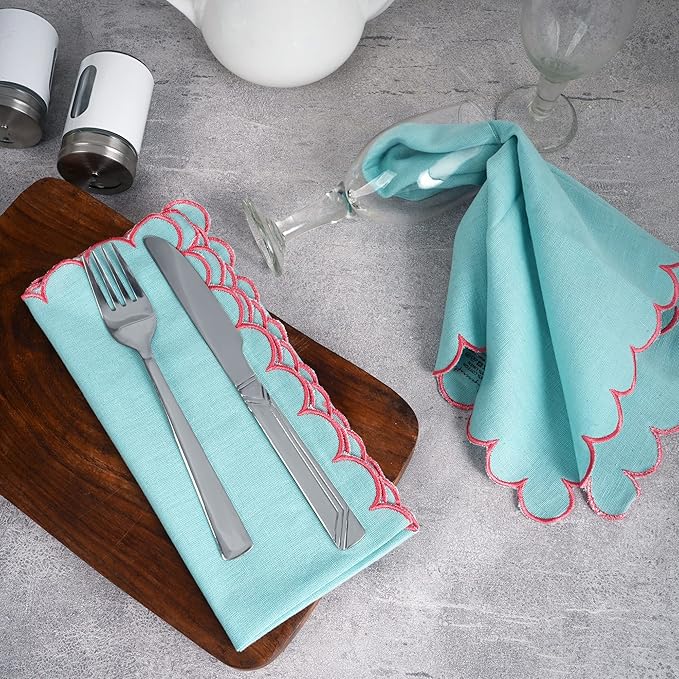FINGERCRAFT Cloth Napkins, Everyday Use Reversible Scallop Design, Premium Quality Cotton Linen Blend Napkin Set of 6 Perfect for Parties Dinners Weddings Easter Napkin Cloth 20x20 Inch Aqua