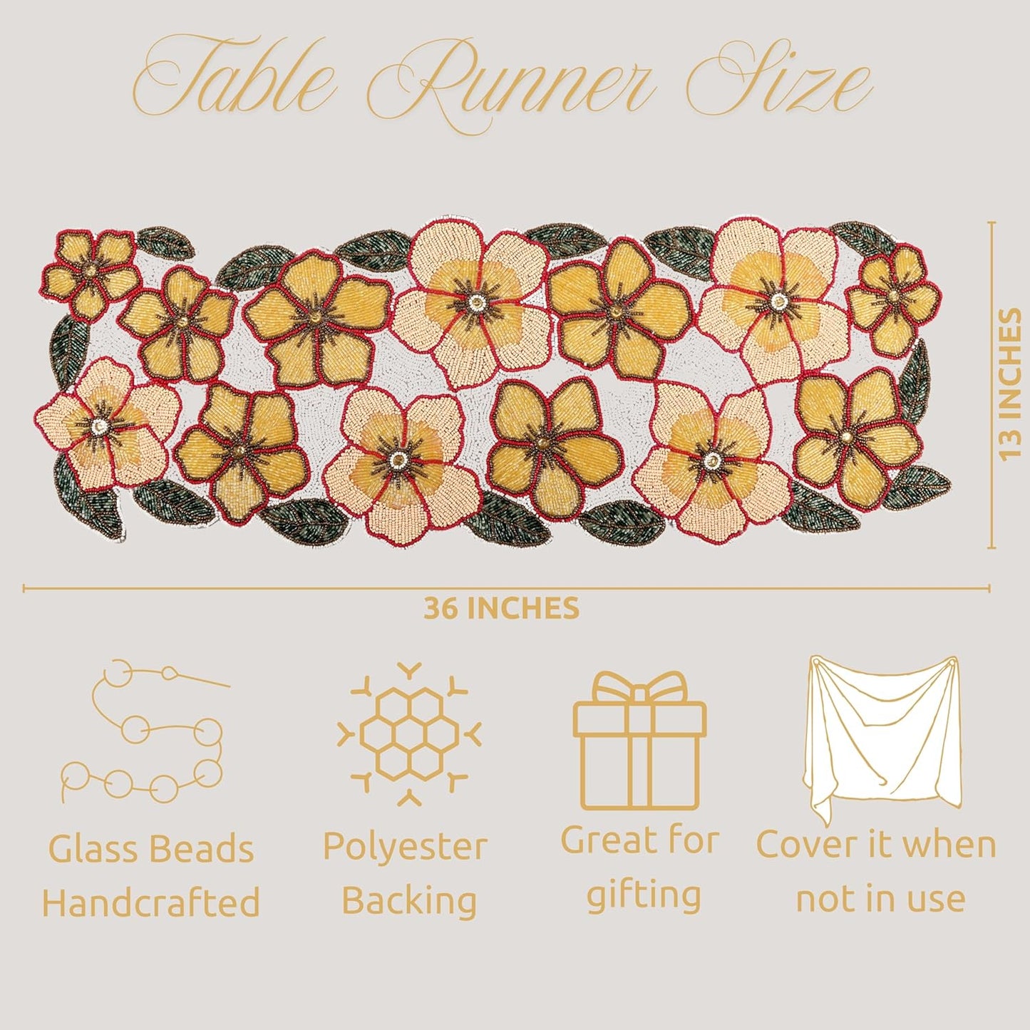Beaded Table Runners 36 Inches, Hand Beaded Decorative Farmhouse Glitz Table Runner for Christmas Wedding Baby Shower Bridal Shower, Seasonal Winter Holiday Kitchen Dining Table - CLEENTABLE