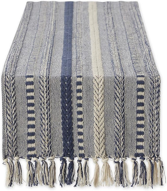 DII Farmhouse Braided Stripe Table Runner Collection, 15x72 (15x77, Fringe Included), French Blue