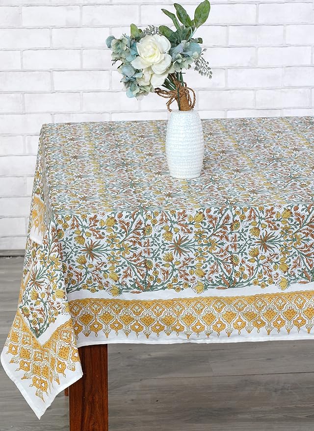 Ridhi Hand Block Print Goldenrod Yellow Rectangle Cotton Tablecloth 140" x 72" Reusable Table Cover Decorative Everyday Use for Dining, Farmhouse, Home Gift for Spring, Easter, Valentine