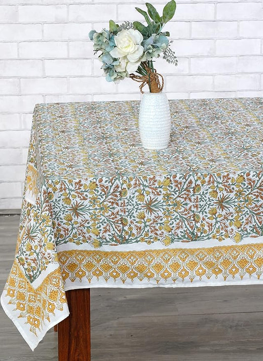 Ridhi Hand Block Print Goldenrod Yellow Rectangle Cotton Tablecloth 140" x 72" Reusable Table Cover Decorative Everyday Use for Dining, Farmhouse, Home Gift for Spring, Easter, Valentine