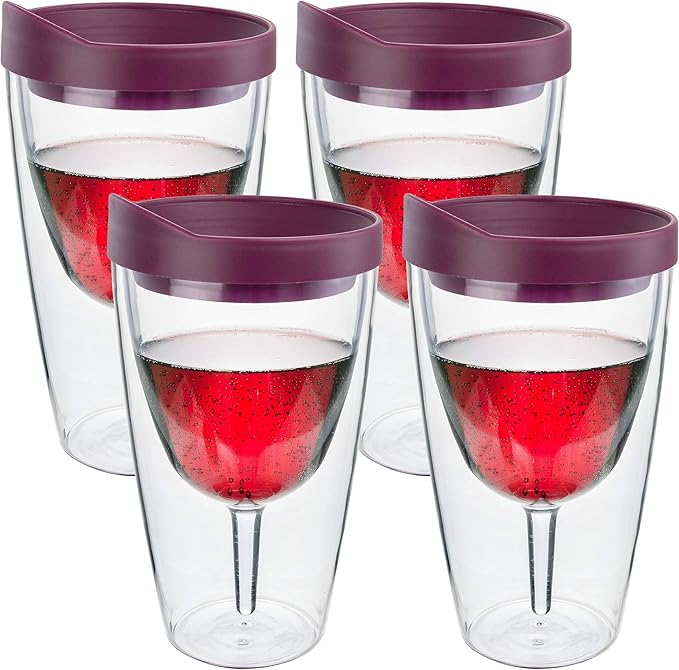 Southern Homewares Insulated Acrylic Wine Tumbler with Merlot Lid – 16oz Double Wall Travel Cup, Pack of 4 Wine 2Go! Set for Outdoors & Parties